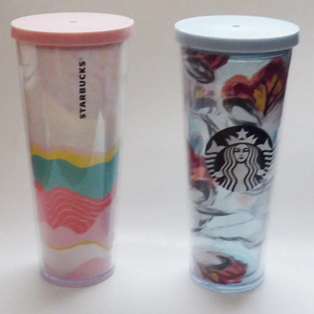 Starbucks Bundle of 2 Large Venti Tumblers 24 oz. No Straws 2019 Peony 2020 Wave